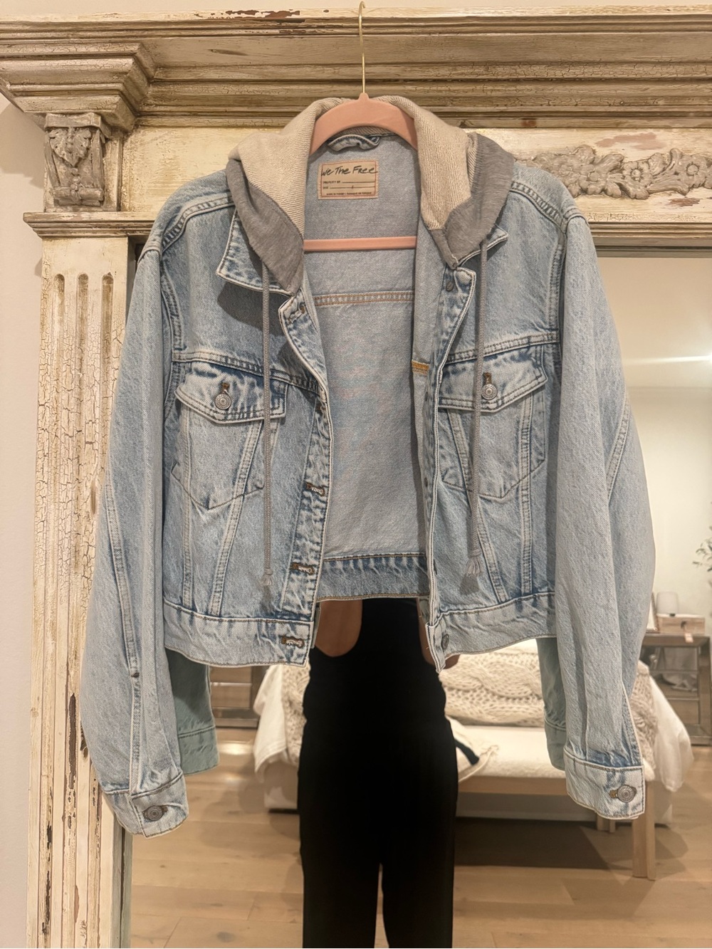 We The Free Light Wash Denim Jacket with Gray Hooded Liner